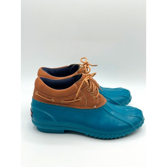 Tommy Hilfiger womens  Duck Boots Size 10 Brown & Teal Rubber Leather Lace Up - Picture 1 of 7